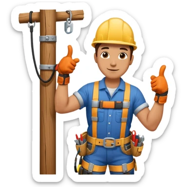 Un electricista subido en el poste de luz con todos sus implementos de seguridad haciendo like sticker