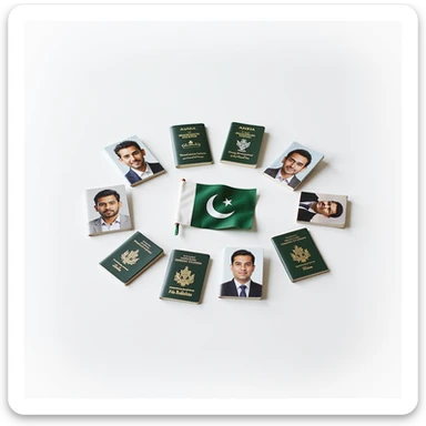 realistic thumbnail collage of Pakistani passport size photos arranged neatly on a white background with subtle green accent and small Pakistani flag, professional photo print out service sticker