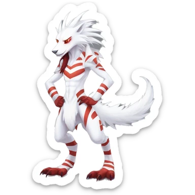 White edgy cute badass epic anthro modern albino sergal-vernid-Fakémon with red mane and red eyes, red stripes, red horns,  full body sticker