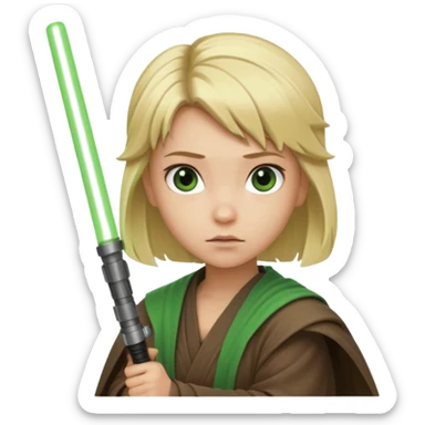 Young jedi with blonde hair holding a green lightsaber sticker