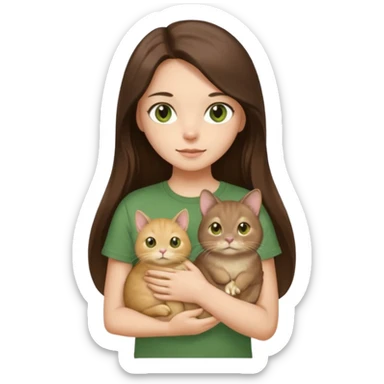 brunette girl with long hair and brown eyes in a brown T-shirt, holding a golden chinchilla cat in her arms, a cat with green eyes sticker