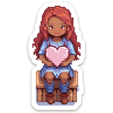 pixel art of a pink heart with a girl with red hair, brown eyes, brown skin sitting on top of the heart sticker