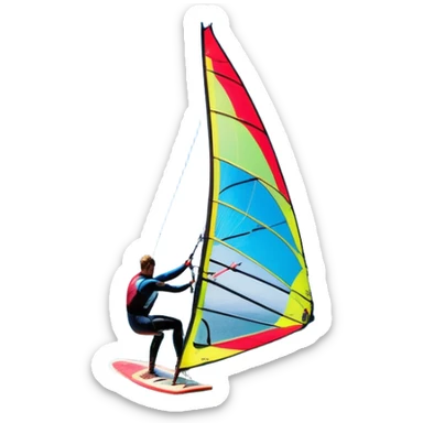 A windsurfer gliding across the ocean, with a vibrant sail catching the wind. The scene captures the motion of the board riding the ocean waves, surrounded by the bright blue sky and ocean, symbolizing the excitement and skill required in the sport of windsurfing. sticker