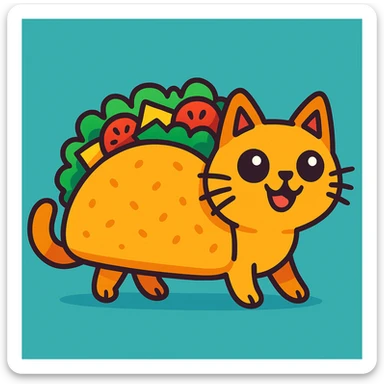 a whimsical taco cat, half taco, half cat, with a playful expression, vibrant colors, cartoon style sticker