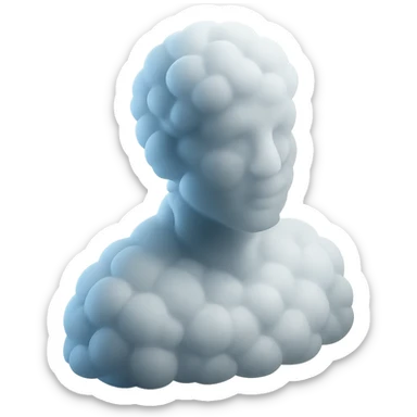 person looking straight, made entirely of white fluffy convex clouds, shoulder up, matte glass style, no background sticker