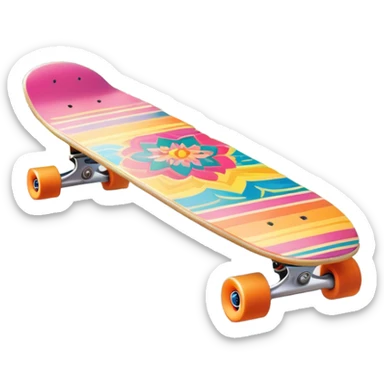 "An icon featuring a colorful skateboard resting on a smooth pavement. The background shows a sunny park with trees, a clear sky, and a lively atmosphere. The skateboard's deck is decorated with vibrant designs, emphasizing its dynamic style. Transparent background  sticker