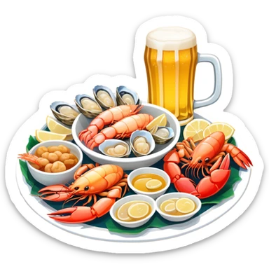 Qingdao seafood with beer, simplified emoji style with bold outlines and bright colors, cartoon style Chinese seafood platter with yellow beer sticker