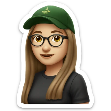 Slavic girl, light skin, smiling with teeth, round brown eyes, spotted frame glasses, long brown straight hair, black T-shirt, dark green cap, black badge ribbon sticker