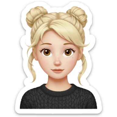 blonde hazel eyes woman with a white cable knit sweater and one messy bun with tendrils of hair flowing down her face and she is happy pale, some freckles, blush. she has a cateye wing and long lashes sticker