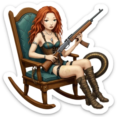 solarpunk ultra HD very old and tired Tori Amos casually crouches on a rocking chair in a torn corset, holding a lintlock double-barreled rifle and with muddy feet. a bronze snake wrapped itself around the chair sticker
