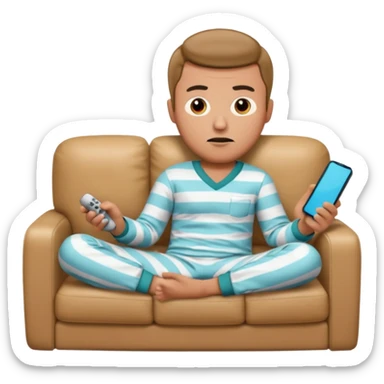 male memoji, lazy man in pajamas, lying on couch, holding TV remote, relaxed bored face, casual home vibe sticker
