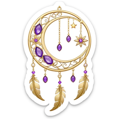 Epic beautiful gorgeous cute gold suncatcher, threads with shiny sparkly amethyst gemstones, flowers, crescents-moons, stars, gold Feathers  sticker