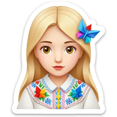Ukrainian young girl in a white embroidered traditional shirt (vyshyvanka) holding colorful origami sticker
