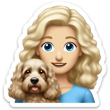 blue eyed very old long haired blonde lady with dark brown Cockapoo puppy dog sticker