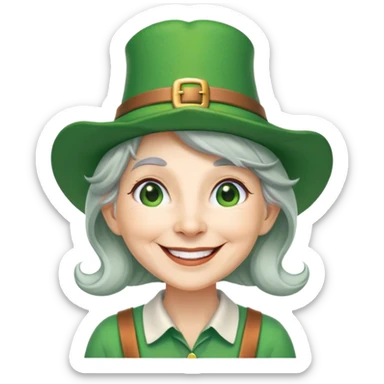 smiling gray haired lady in green shirt and leprechaun hat sticker