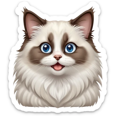 cinematic-adorable-big-eyed-fluffy-dark brown and white ragdoll-cat-portrait-emoji,-head-tilted-playfully-with-a-cute,-yawn,-soft-brown-and white-colored-fur-with-darker-points-on-the-ears,-simplified-yet-irresistibly-cute-features, sparkling blue eyes sticker