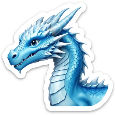 Cinematic Noble elegant Ice Dragon Portrait Emoji, Poised and imposing, distinct long elegant snout, with a slender, scaled body shimmering in glacial hues of icy blue, frostbitten silver, and crystalline white, breathing out frost, with piercing, glowing ice blue white eyes that radiate the chilling depths of an arctic storm; rendered in detail. sticker