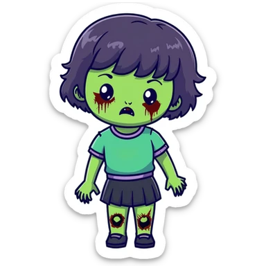 zombie girl with short wavy hair and black bangs, greenish skin sticker