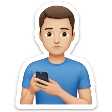 a thoughtful guy in a blue T-shirt holding a cell phone sticker