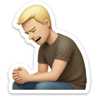 A white-skinned man kneeling and crying, trying to mend his girlfriend's broken heart. The heart is a broken emoji heart, highlighting the emotional scene. sticker