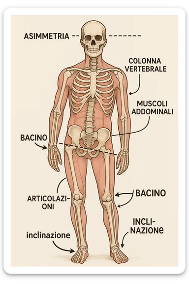 Uomo con problemi di asimmetrie e bacino inclinato, visione anatomica in italiano sticker