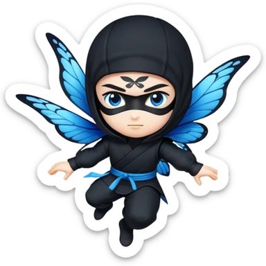 Crea un emoji para usar en WhatsApp con estos dos emoji 🥷🏻🦋.
Ninja vestido de negro con la piel blanca y una mariposa azul posada en su hombro izquierdo como si estuviera volando. sticker
