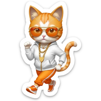 female cat wearing Run DMC hip-hop outfit, gold chains, dark sunglasses, jogging sticker