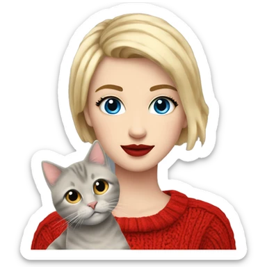 hey girl with a short blonde hair and a fringe with blue eyes long eyelashes and red lipstick on with a red cable knit sweater on holding a grey cat sticker