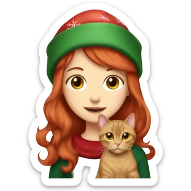 cherry red hair cute girl holding burmese brown cat in christmas cap sticker