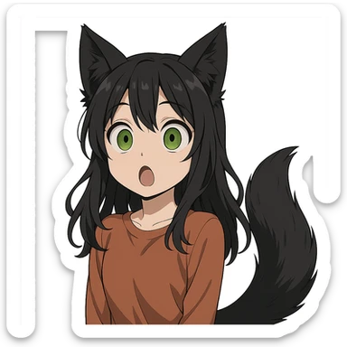 a surprised girl with huge green eyes, black fox ears, and a tail, dark hair sticker