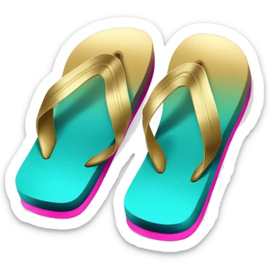 Realistic metallic gold ,hot pink and dark turquoise gradient pair of summer flip flops isolated. sticker