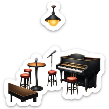 inside of a jazz nightclub, stage with microphone, dim lighting, small tables, cozy atmosphere sticker