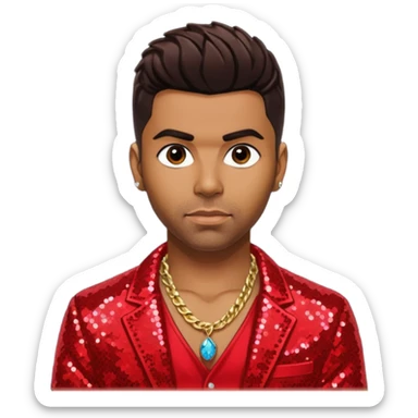 Ginuwine dark brown hair, red sequin jacket, shirtless with necklace sticker