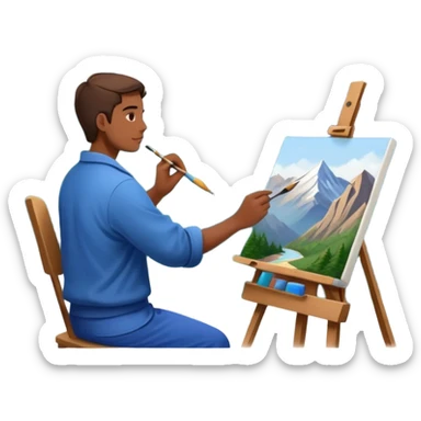 Artist painting a beautiful mountain peak destination on canvas sticker