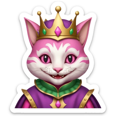 court jester cat medieval, single poker card joker clearly visible, pink, face only sticker