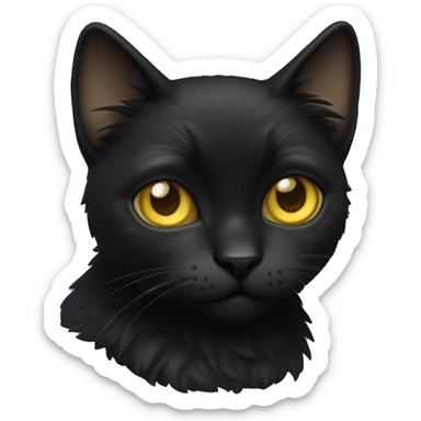 A  petite, solid black furred cat. Light yellow eyes. Black pointed tufts of fur at the very tips of ears only (tip of triangle on ear). Fully body and no other color markings. Facing forward with ears slightly tilted. sticker