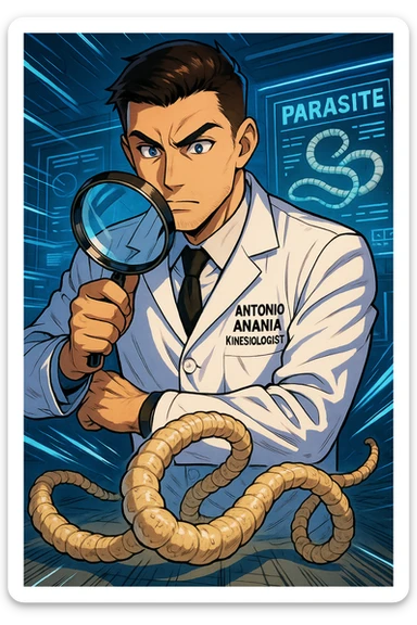 A dynamic manga/webtoon-style illustration of a young male kinesiologist wearing a clean white lab coat, analyzing light beige worms like a tapeworm under a magnifying glass. His expression is focused and slightly intrigued, with sharp, detailed eyes. The art style is vibrant, with bold linework, rich colors, and dramatic lighting. The background is a futuristic laboratory with glowing holographic screens displaying parasite data. The tapeworm is intricately drawn, slimy and segmented, with a slightly exaggerated yet realistic texture. The composition is dynamic, with motion lines or energy effects to emphasize his scientific investigation. The atmosphere is intense but not dark, keeping a balance between scientific seriousness and stylish manga aesthetics, he has "ANTONIO ANANIA" WRITTEN ON WHITE LAB COAT sticker