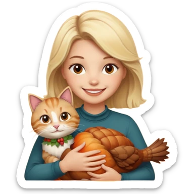 A blonde woman with a thanksgiving turkey cat sticker