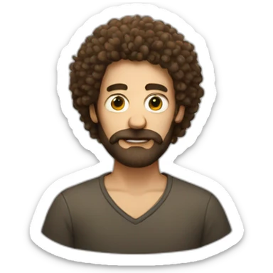a man with frizzy hair, bushy beard, and crooked nose sticker