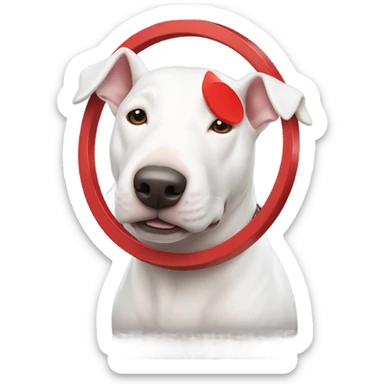 White bull terrier dog with red target sticker