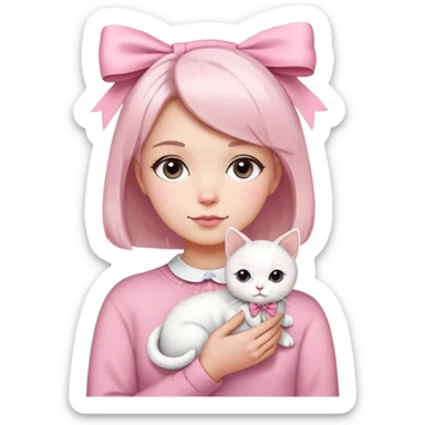 A girl with short hair, using pink sweater and there's a white bow in the middle of the sweater, and she's also using white bow on her hair. Also, she brings a white cat, using pink bow.  sticker