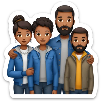 A loving black family of four (4). With a mother,  a 13 yr old son, a 15 yr old daughter, and a father with a full beard, all dressed in urban chic clothing sticker