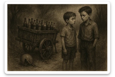 g'ildiragi singan ichimliklar ortilgan arava bir baloni singan uni yonida aka uka havotirli nigoh bilan bir biriga qarab turishibdi sticker