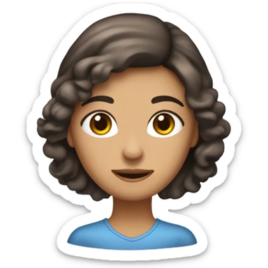 La imagen muestra a una mujer con cabello castaño oscuro recogido y un mechón suelto. Tiene una expresión suave y amigable, con ojos azules destacados y mejillas ligeramente sonrojadas sticker