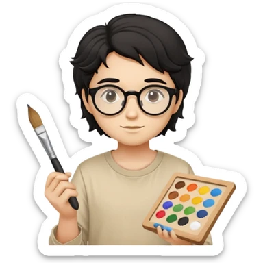 Reliable young painter with round glasses, wavy black hair, beige art shirt, with square paintbrush sticker
