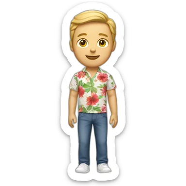white man with a flower shirt with a red pant sticker
