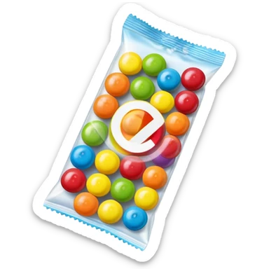 Ultra simplified Skittles package, just a small rectangular rainbow colored package with a few small green circle candies. Absolute minimal design with clean lines. sticker