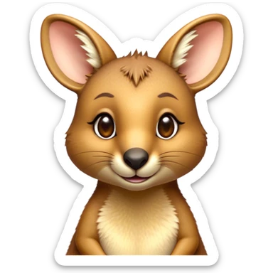 Cinematic Cute Wallaby Portrait Emoji, Head tilted playfully and inquisitively, featuring a glossy tan fur with delicate brown accents and a charming, alert expression, round, sparkling eyes filled with gentle curiosity, Simplified yet irresistibly adorable features, highly detailed, glowing with a warm, friendly glow, high shine, affectionate and bouncy, stylized with a touch of outback whimsy, bright and endearing, soft glowing outline, capturing the essence of a mischievous yet loving wallaby, so playful it feels like it could skip out of the screen into your arms! sticker