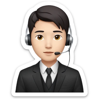 A young Asian man with smooth light skin, dark hair that swoops upward in the front, expressive eyes, a clean-shaven face, and a call-center style headset over one ear, usually paired with a crisp shirt and suit jacket visible from the chest up. sticker