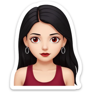 a pretty bratz fair girl with long black hair, kajal under eyes, small silver hoop. Dark cherry red tank top on.  sticker